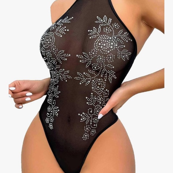 Tops - Black tattoo crystal rhinestone fishnet bodysuit romper jumpsuit sexy lingerie